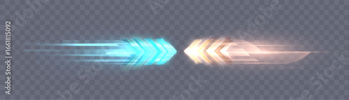 Luminous blue and yellow hands with dynamic luminous trail on transparent background. Dynamic light stripes for high-speed and racing themes in design.