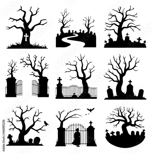 Spooky Halloween silhouettes of trees, graves, and gates.