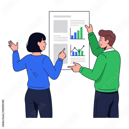 Data Analysis: Two professionals collaborate, examining a comprehensive chart brimming with insightful graphs and crucial statistical data.