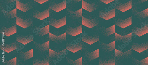 Vector graphical abstract wide panoramic background with a vibrant halftone chevron pattern in red and green colour. Grainy texture adds a punchy edge for creative, striking or conceptual artwork