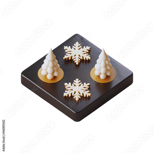 Two white christmas trees and snowflakes sit atop a dark square on transparent background