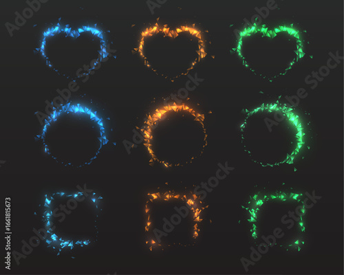 A set of glowing vector frames in the shape of a heart, circle, and square. Bright electric and plasma elements in blue, orange, and green tones for game design, interfaces, and magical effects.