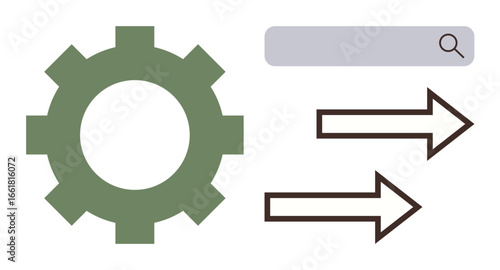 Green gear with two arrows next to a search bar icon. Ideal for workflow, automation, efficiency, process, technology, search optimization, and productivity concepts. Minimalist flat metaphor