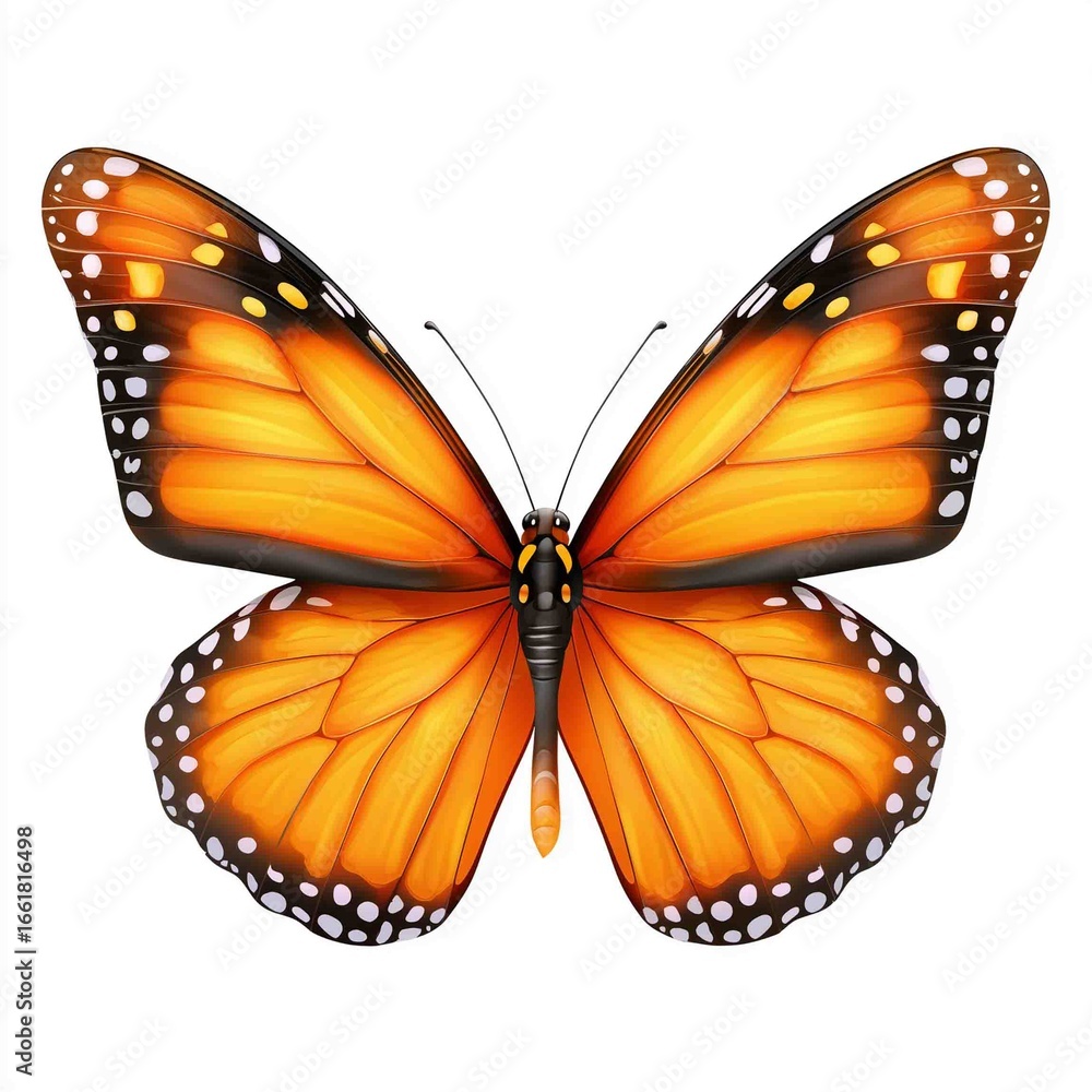 Fototapeta premium Radiant Monarch Butterfly: A vibrant monarch butterfly spreads its delicate wings, showcasing a mesmerizing pattern of orange, black, and white, capturing the essence of nature's art.