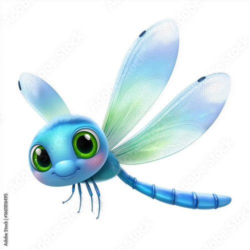 Whimsical Dragonfly in Flight: A charming, animated dragonfly with large, expressive eyes takes flight, exuding an aura of joyful innocence and lightheartedness.
