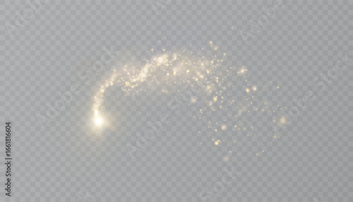 Glowing golden dust trail with shimmering particles and glowing glitter swirls on transparent background. Bright dust for holiday designs, fantasy effects, magical images of magical effect.
