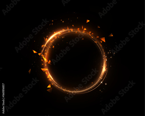 Futuristic glowing golden ring with flying triangle fragments on black background. For sci-fi visuals, digital user interface design, abstract technology elements and animation effects.