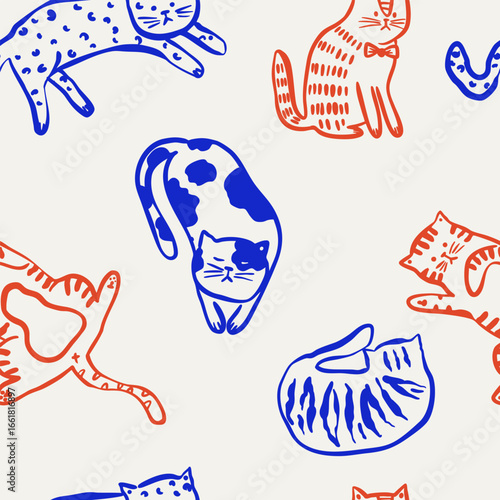 Playful seamless pattern with hand-drawn trendy cats.