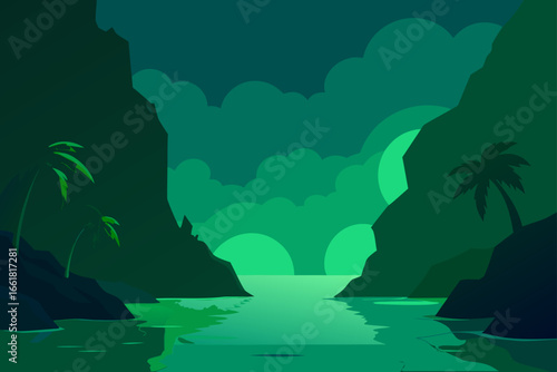 Serene hidden tropical cove glowing green during enchanting twilight hour illustration