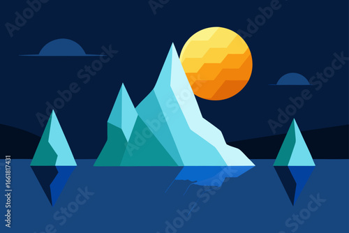 Stylized vector illustration of shimmering icebergs under a glowing midnight sun