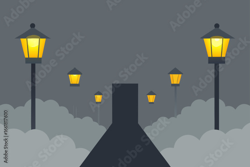 Warm glowing lanterns illuminate a misty empty street vector illustration
