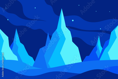 Stunning vector illustration of blue glaciers illuminated by pale aurora borealis arcs