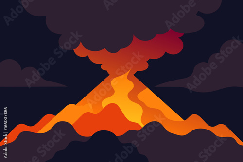 Volcanic eruption vector illustration glowing lava fields storm clouds atmospheric disaster landscape