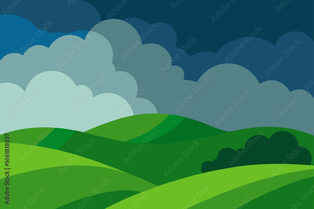 Obraz premium Rolling green hills under dramatic stormy clouds vector illustration landscape
