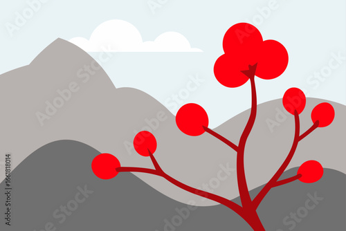 Vibrant red blossoms bloom against serene misty mountain ridges vector illustration