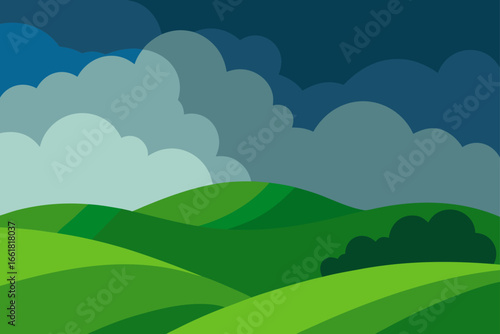 Rolling green hills under dramatic stormy clouds vector illustration landscape
