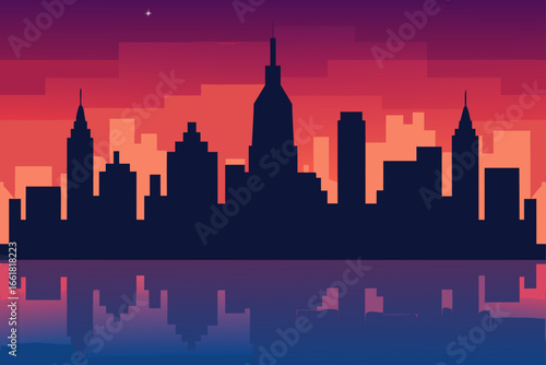 Stunning twilight skyline with mirrored reflection vector art capturing city ambiance