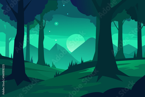 Magical twilight forest illuminated by emerald light enchanting nature scene vector illustration