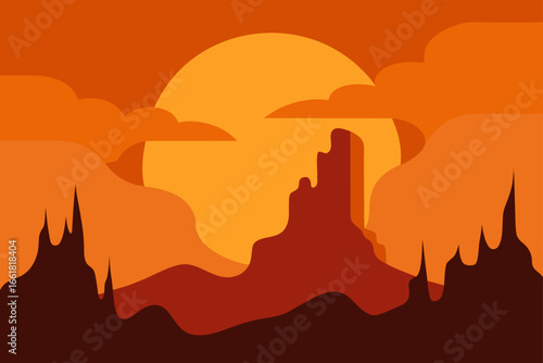 Fiery desert sunset behind jagged mountain peaks vector illustration