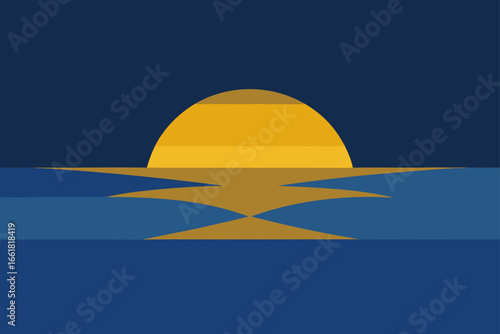 Golden sun setting over endless ocean horizon vector illustration