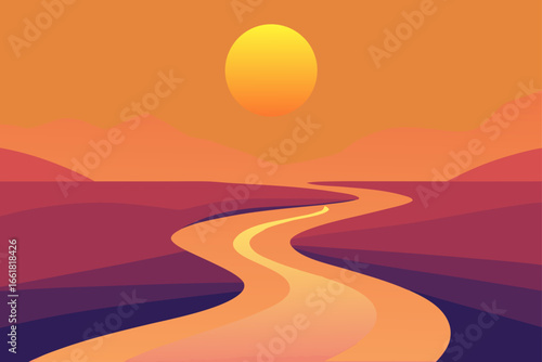 Misty river bend illuminated by golden sunrise vector art scenic landscape illustration