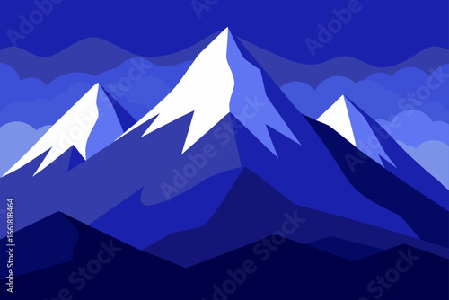 Majestic snow covered mountain peaks shimmering under a deep blue dusk sky vector illustration