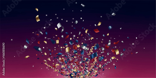 Explosion of colorful confetti and streamers in a festive celebration against a dark purple gradient background