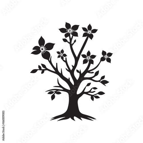 Dogwood Tree Silhouette Isolated on White Background.