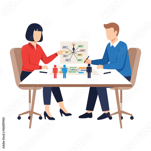 Strategic Dialogue: Two professionals engage in an insightful discussion around a collaborative, data-driven visual, exemplifying effective business strategy in action. 