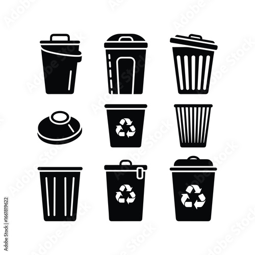 Collection of hand drawn trash cans and recycling bins with a distressed texture