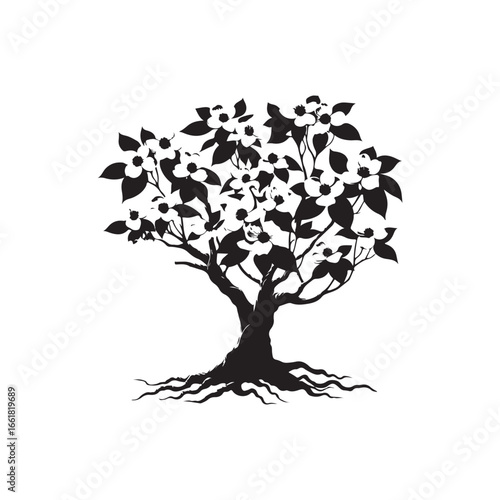 Dogwood Tree Silhouette Isolated on White Background.
