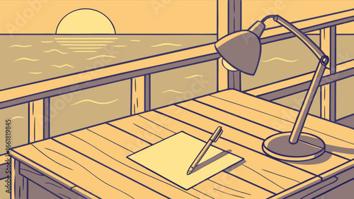 Illustration of workspace with desk lamp, paper, and pen overlooking ocean at sunset scene drawing