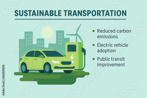Sustainable transportation concept with electric vehicle and wind turbine, highlighting reduced carbon emissions, electric vehicle adoption, and public transit improvement