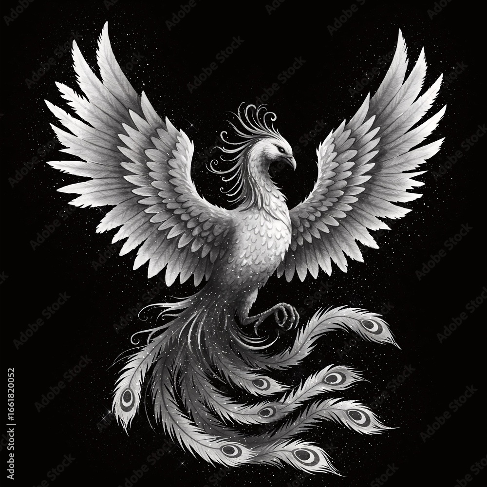 Fototapeta premium Majestic Phoenix with Spread Wings, Monochromatic Fantasy Art.