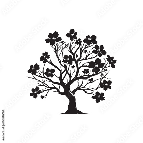 Dogwood Tree Silhouette Isolated on White Background.