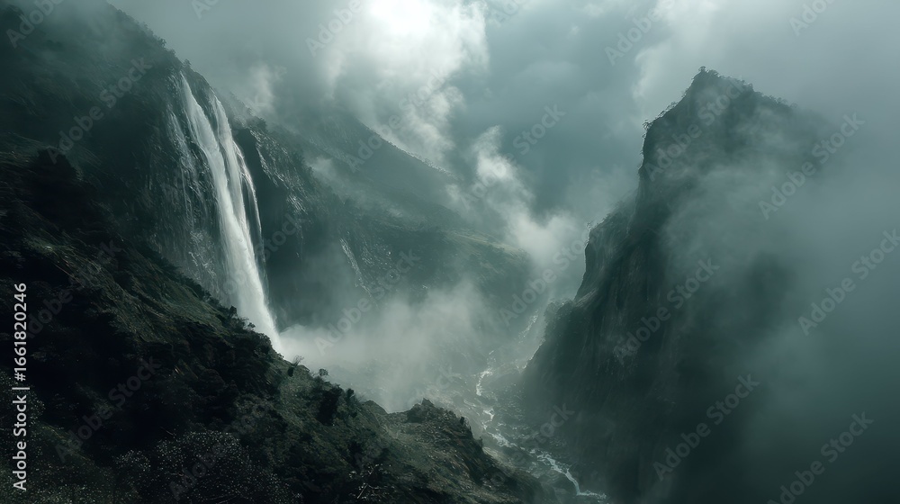Fototapeta premium Massive Waterfall Cascading into an Abyss Surrounded by Mist