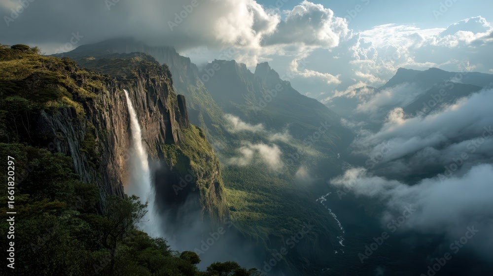 Fototapeta premium Majestic Waterfall Flowing into Lush Green Valley and Clouds