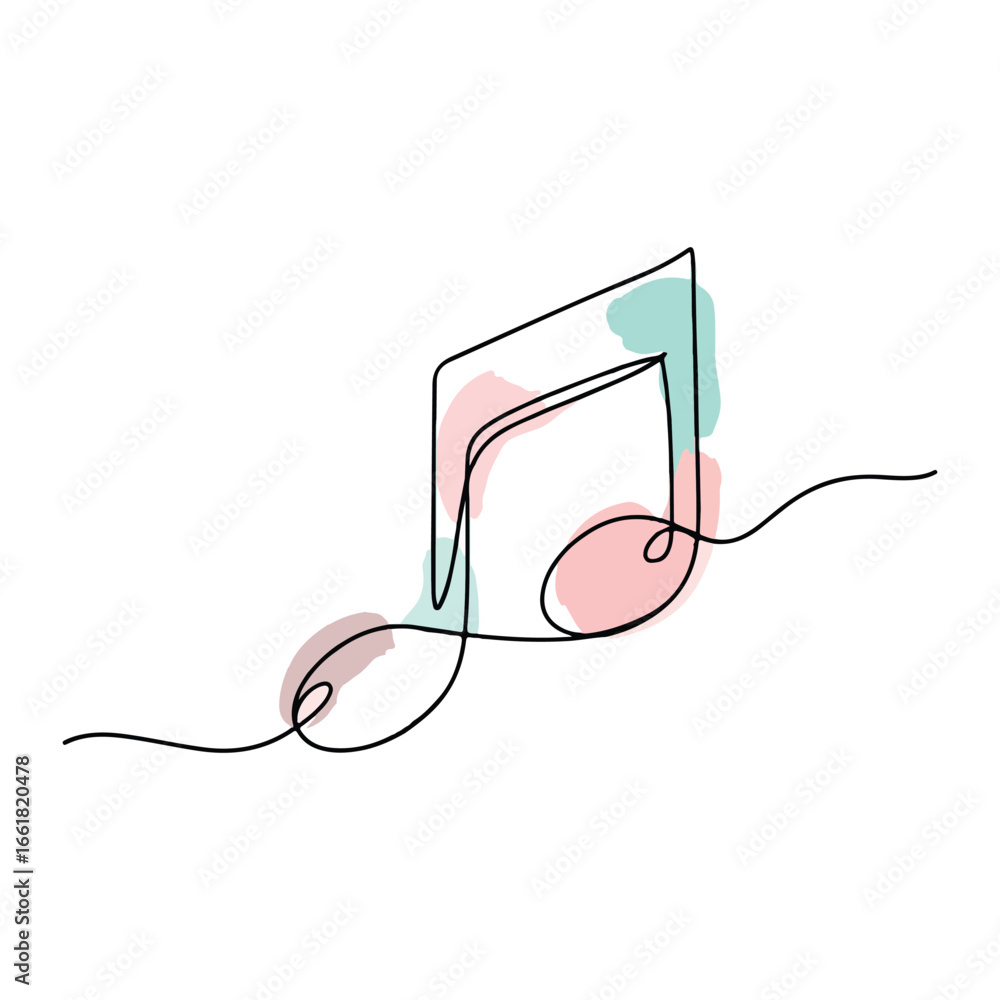 Obraz premium Single line drawing of a musical eighth note with pastel watercolor splashes musical symbol