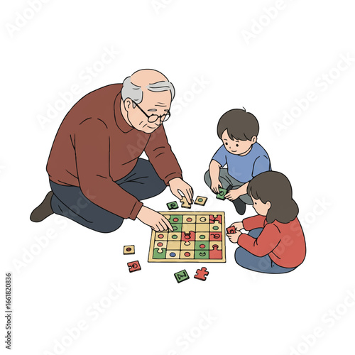 Overhead 2D flat vector illustration of a happy grandparent and grandchild playing a simple board game or puzzle together on a clean white background.
