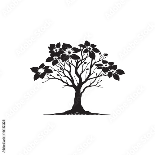 Dogwood Tree Silhouette Isolated on White Background.