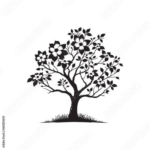 Dogwood Tree Silhouette Isolated on White Background.