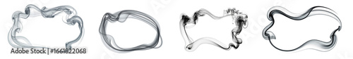 Set of abstract smoke frame shapes in black and gray swirls, isolated on transparent background for design overlays and creative composition