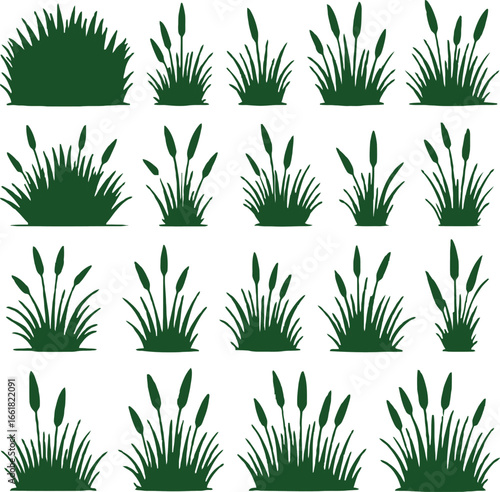 Collection of dark green grass and cattail silhouette vector illustrations