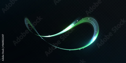 Glowing green light trail with curved luminous motion and sparkling particles forming a dynamic wave effect on isolated dark background.