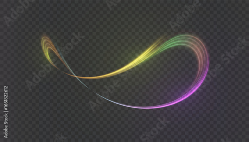 Colourful, glowing, curved light trail with rainbow glow and bright particles on a transparent background.