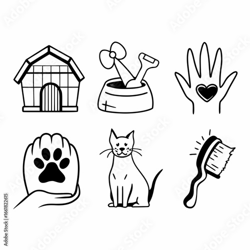 Illustration of pet care elements featuring dog, cat, and grooming tools