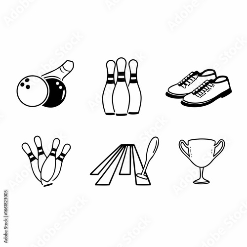 Bowling icons set with ball, pins, shoes and trophy in vector format