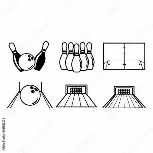 Bowling icons set with ball, pins and alley in vector graphic style