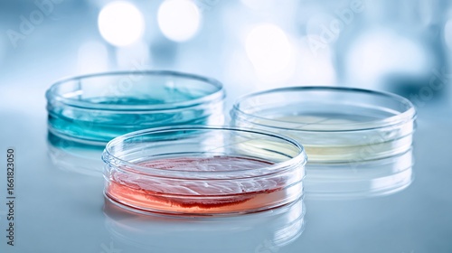 Petri dishes with red, blue, and yellow agar for microbiology research
