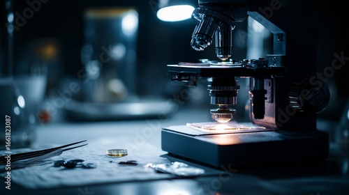 Dark laboratory microscope close-up with illuminated specimen